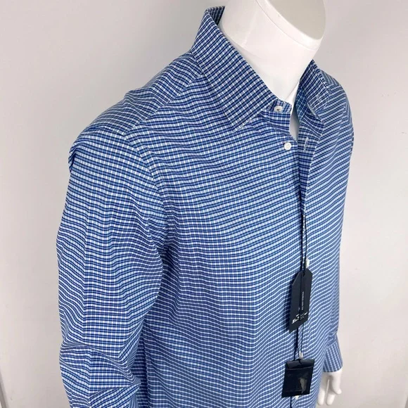 BEN SHERMAN, LONG SLEEVES MEN’S SHIRT, “XL 16,” BLUE AND WHITE SMALL CHECKERED - Picture 2 of 16